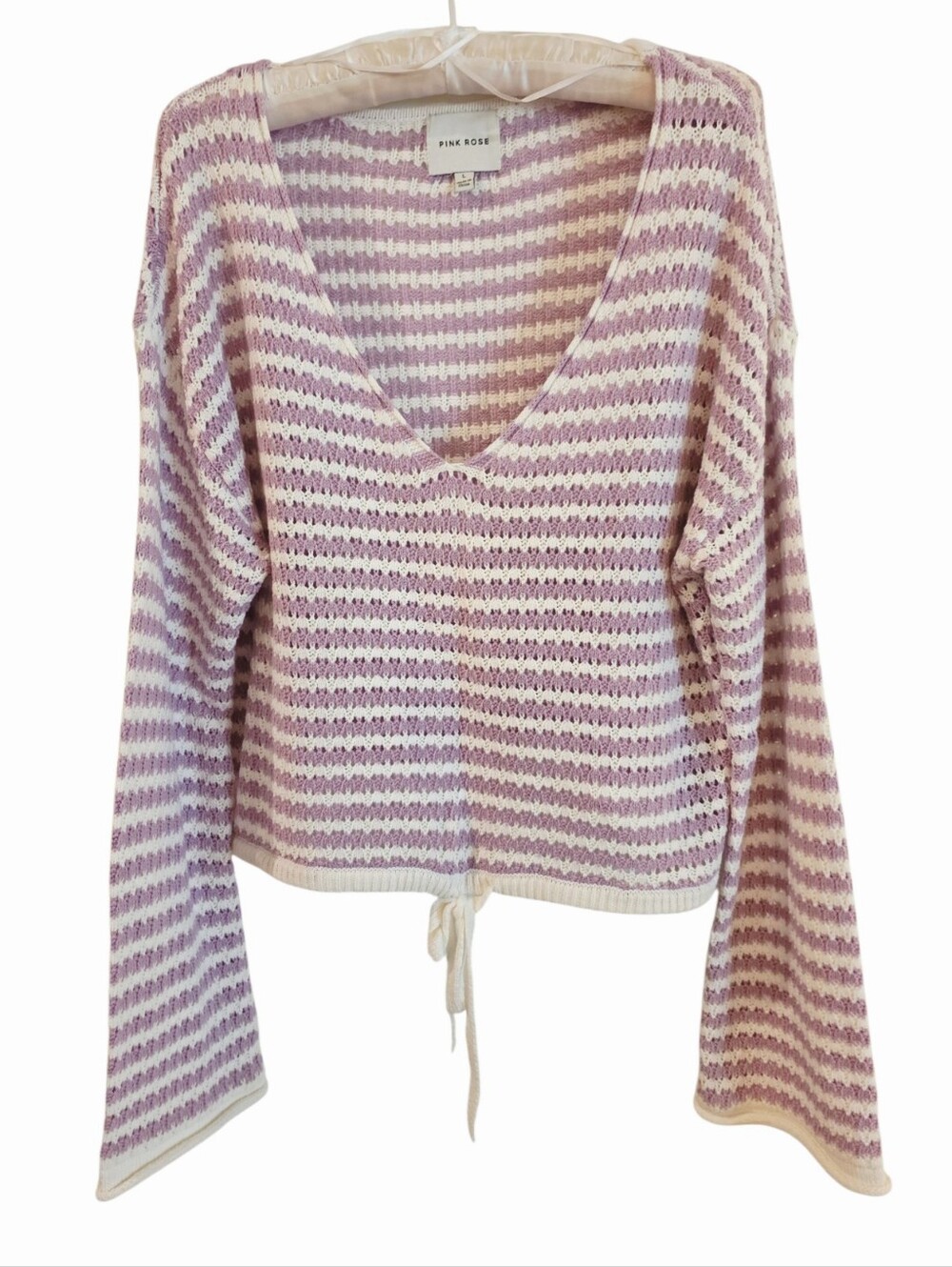 Pink Rose Loose Knit Striped V-Neck Tie-Front Sweater